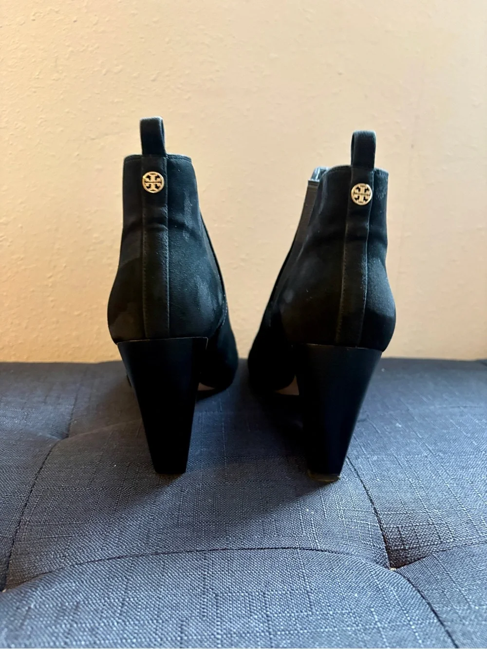 Tory Burch Black Suede Peep-Toe Block Heel Booties